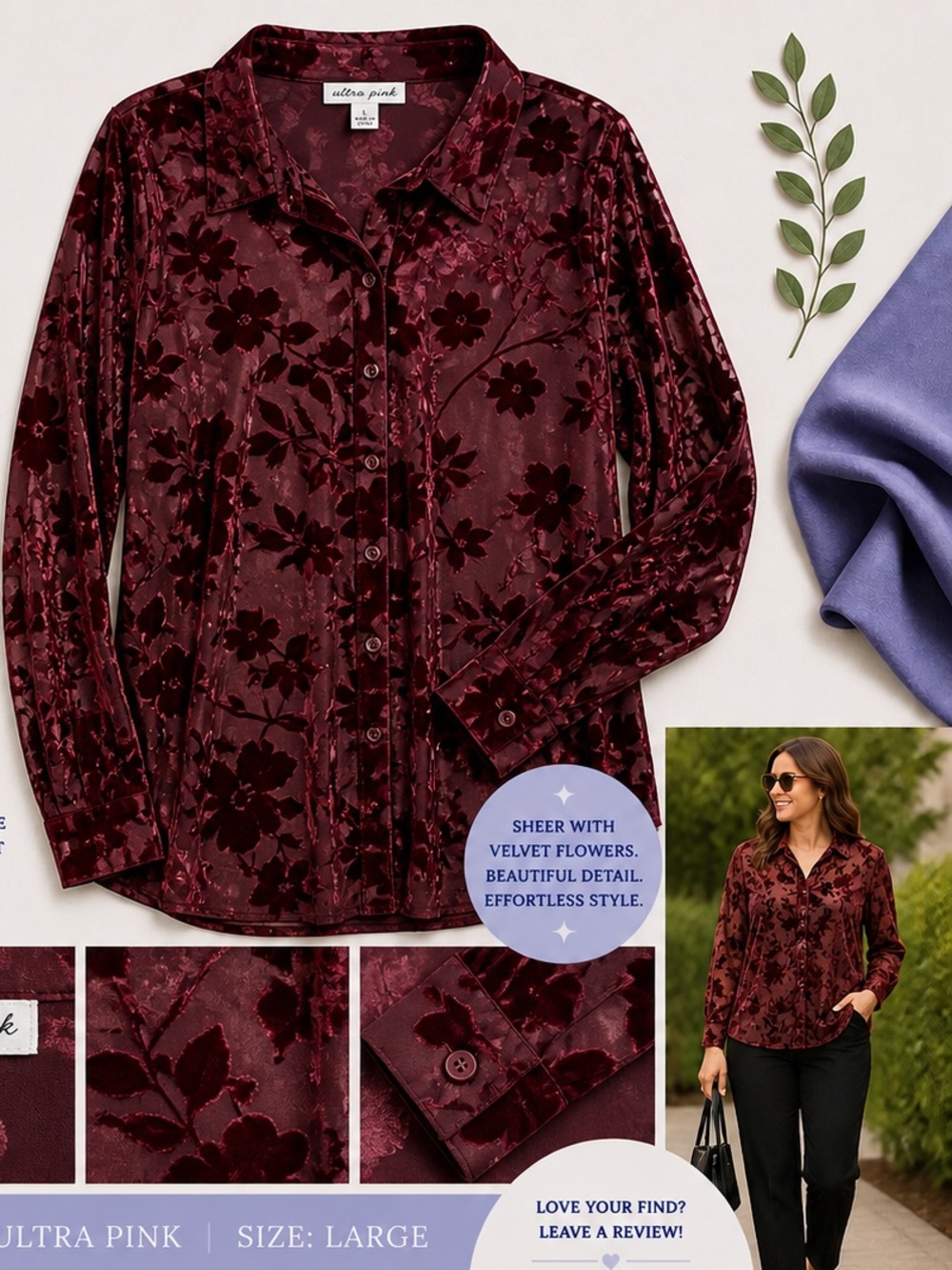 Ultra Pink Maroon Velvet Floral Button-Down Top